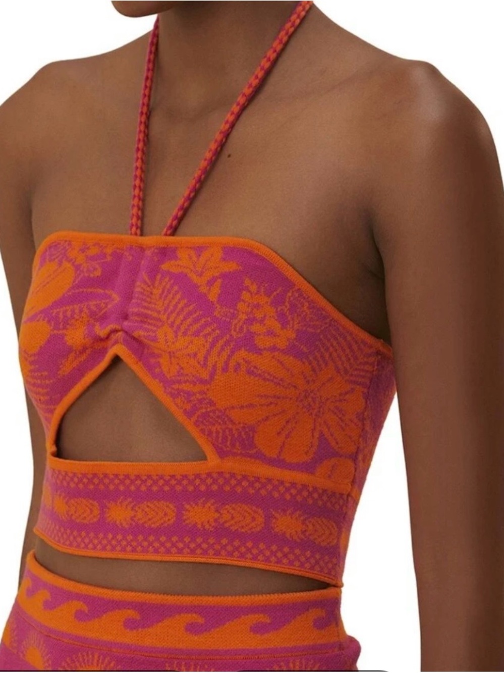 Farm rio Halter cropped Cutout Knit Crop Top in Orange & Pink